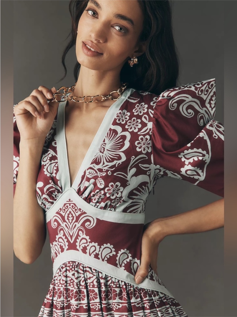 🪁 Farm Rio for Anthropologie Floral V-Neck Open Back Beaded Tie Midi Dress Large - Picture 3 of 10